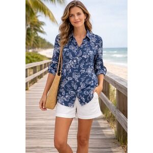 Tommy Bahama Button Down Shirt Women XS Blue Floral Linen Blend Roll Tab Pockets